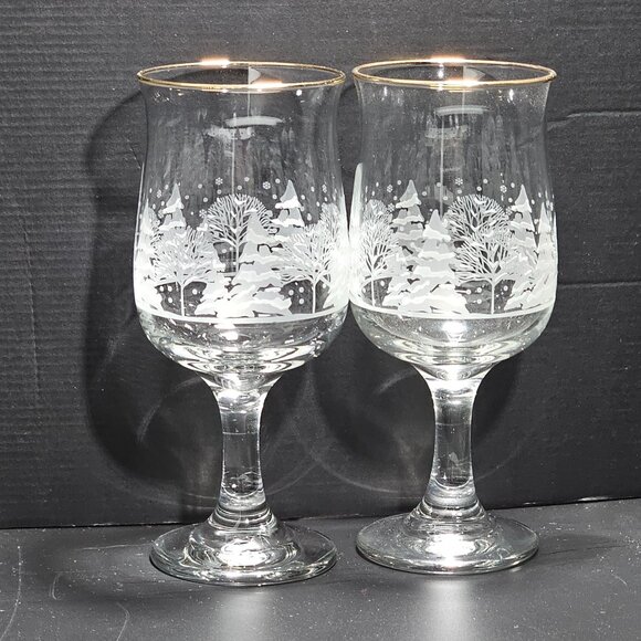 2 Lynns China Pines Water Goblets 7" gold winter scene white silhouette trees ho - Picture 3 of 7